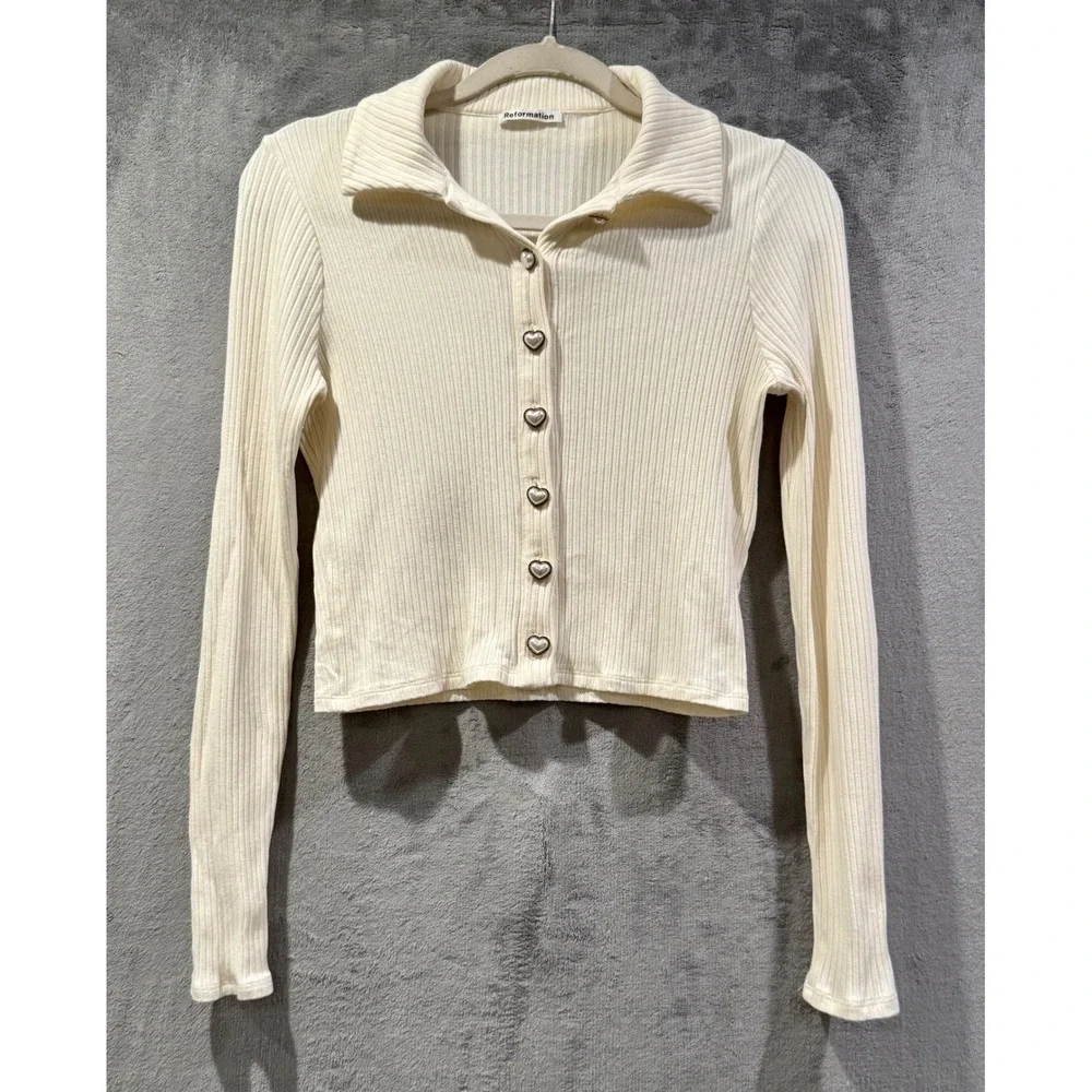 Reformation Cream Ribbed Heart Button Cardigan Top Small Tencel Cotton Blend